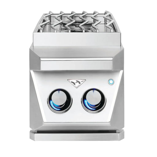 Stono Outdoor Living Front view of the Twin Eagles Built-In Single Side Burner (TESB131-CL, propane) showcasing stainless steel construction, a blue-lit control knob, and a raised patterned grilling surface on top.