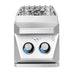 Stono Outdoor Living Front view of the Twin Eagles Built-In Single Side Burner (TESB131-CL, propane) showcasing stainless steel construction, a blue-lit control knob, and a raised patterned grilling surface on top.