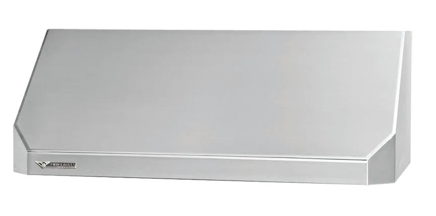 Stono Outdoor Living The Twin Eagles 36-Inch Vent Hood (TEVH36-C) is a wall-mounted stainless steel range hood featuring a sleek, angular design, stainless steel baffle filters, and a discreet Twin Eagles logo on the lower left corner.