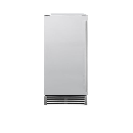Stono Outdoor Living The TrueFlame 15" Outdoor Rated Ice Maker (AMD-IM-15) by TrueFlame features a sleek built-in stainless steel design with a right vertical handle and vented bottom grille, ideal for modern outdoor spaces, shown against a plain white background.