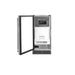 Stono Outdoor Living The TrueFlame 15" Outdoor Rated Ice Maker (AMD-IM-15) is shown with its stainless steel door open, displaying the ice bin and ice-making unit inside, set against a plain white background.