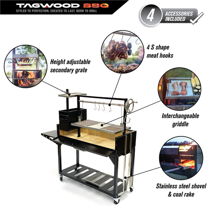 Tagwood BBQ Chief Series Argentine Santa Maria Wood Fire & Charcoal Freestanding Grill 1/8 Thickness - 714 sq. in. of total grilling area - BBQ03SI - Stono Outdoor Living Co