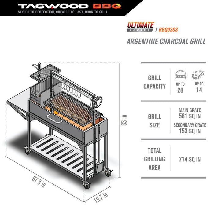 Tagwood BBQ Ultimate Series Argentine Santa Maria Wood Fire & Charcoal Freestanding Grill - 714 sq. in. of total grilling area - BBQ03SS - Stono Outdoor Living Co
